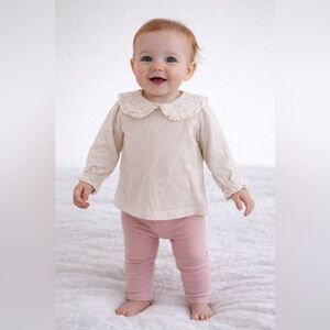 Zara Baby Girls White Peter Pan Collar Long Sleeve Top | Size 3-6M